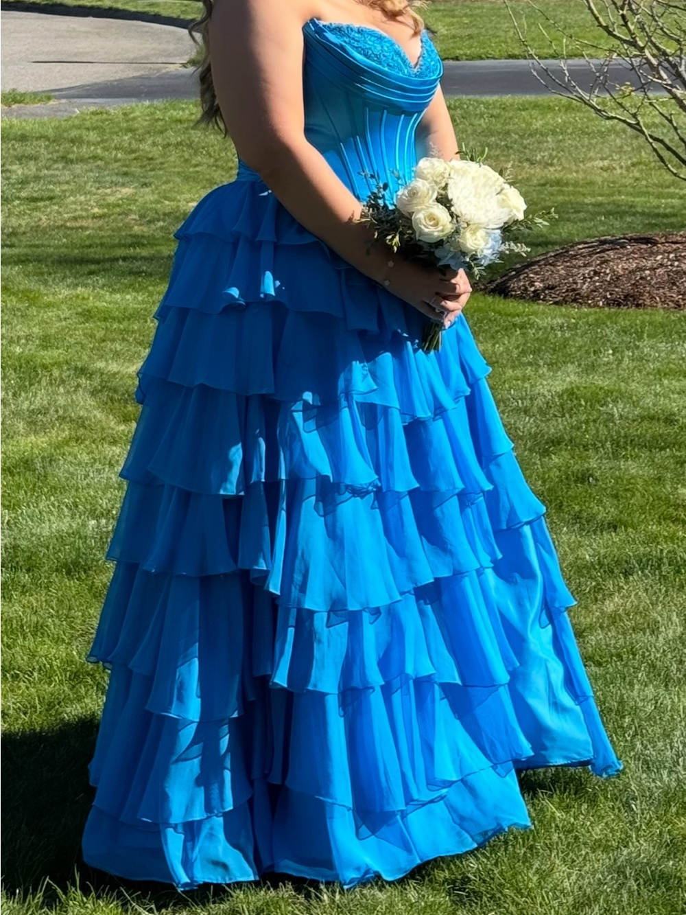 Strapless Ruffled Ball Gown Dress in Turquoise Blue